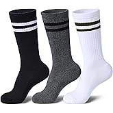 Toetally Womens Striped Socks Cotton Athletic Running Cushioned Calf Socks Casual School Style 3 Pairs