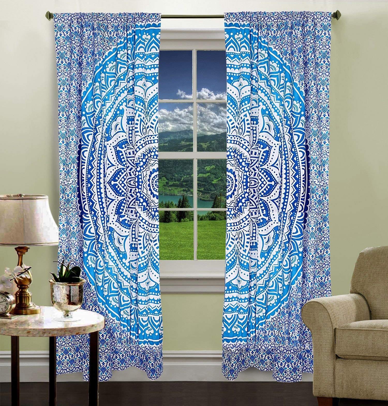 Krati Exports Bohemian Beautiful Ombre Color Mandala Curtain Panels (Blue)