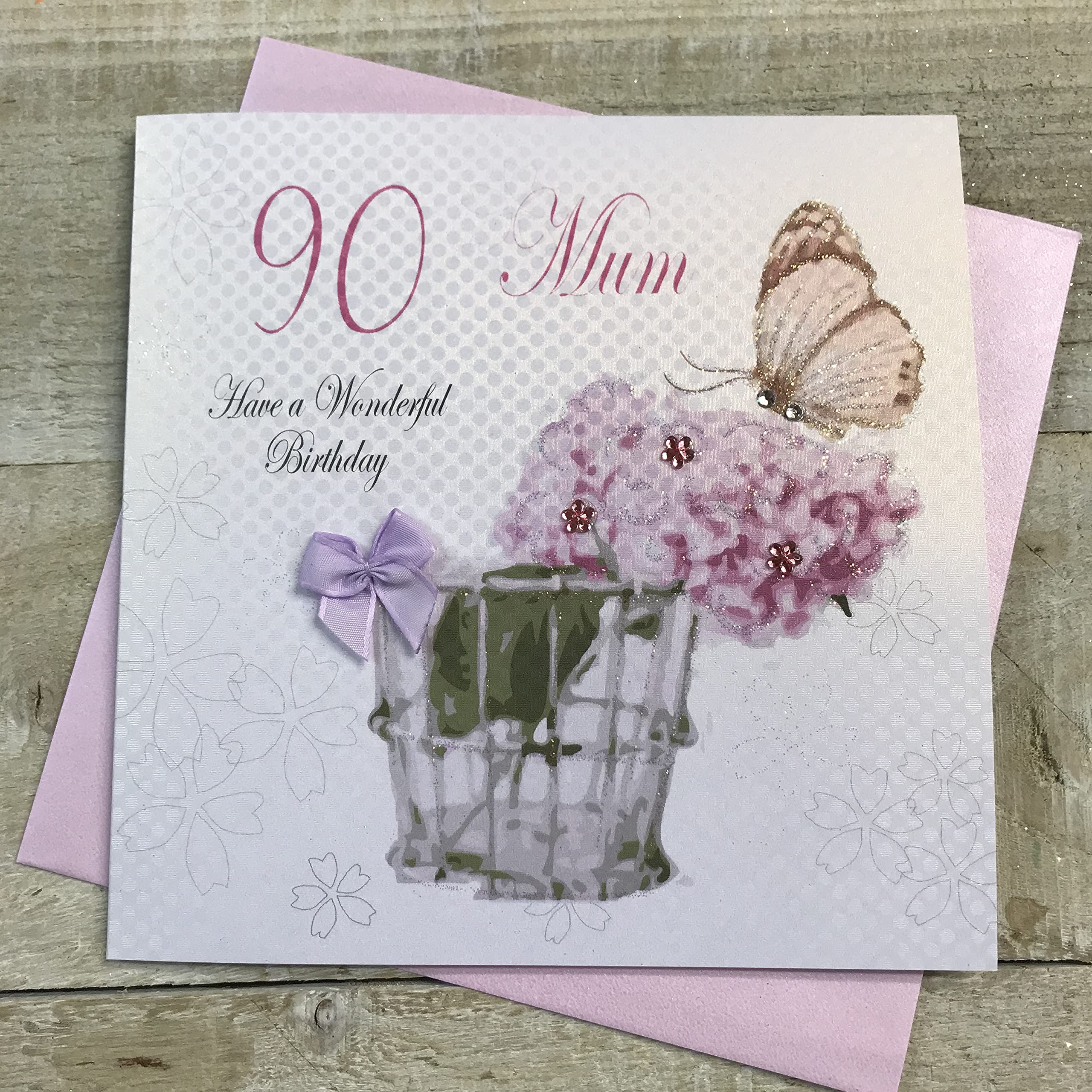 WHITE COTTON CARDS Mum Have a Wonderful 90th Birthday Vintage Handmade Card, White, pdm90,16cm X 16 cm