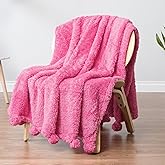 Pavilion Pink Sherpa Throw Blanket, Warm Plush Fuzzy Pom Pom Blanket for Couch, Sofa Throw, Lightweight Soft, Cozy Fluffy Blanket, Hot Pink, 50x60