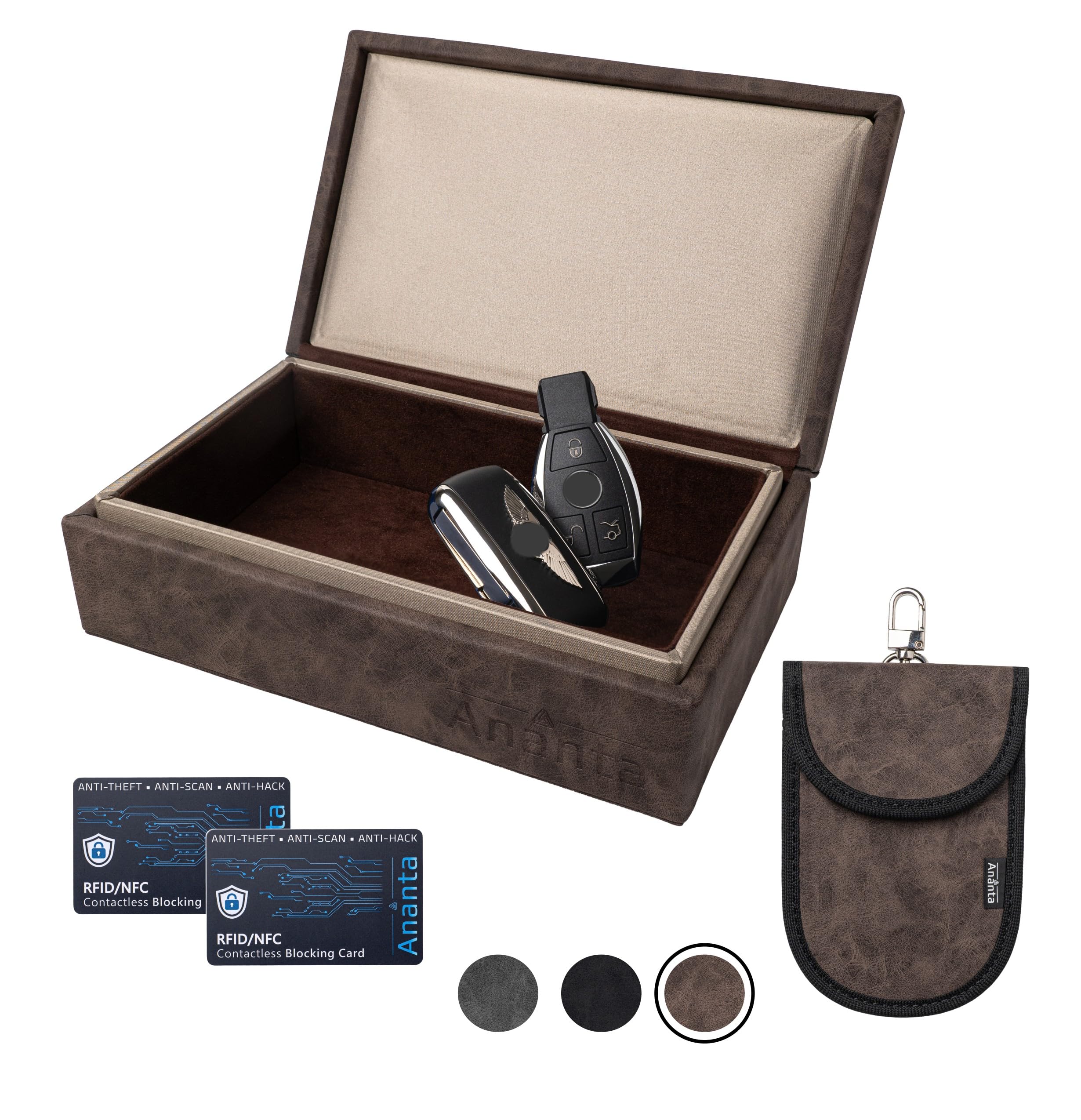 Ananta Faraday Box for Car Keys – Premium RFID Key Box with Secure Magnetic Close, Spare Key Pouch & RFID Blocking Cards (Brown)