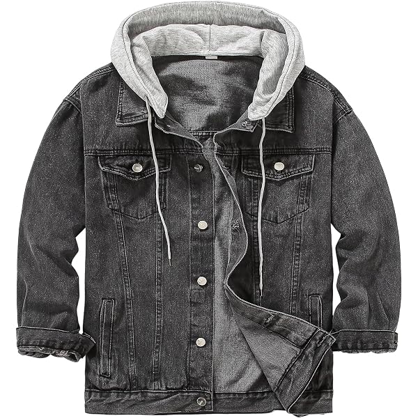 Qolkmuiy-GJ Men's Fashion Denim Jacket With Hood Slim Fit Button Down Jeans Coat Fall Trendy Hoodie Jean Jackets (Blue,Small) At Men's Clothing Store