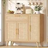 Keehusux Kitchen Buffet Cabinet with 3 Doors, Rattan Storage Cabinet | Coffee Bar Cabinet with Adjustable Shelves &amp; Drawer, Sideboard Cabinet with Solid Wood Legs for Living Room, Natural Oak