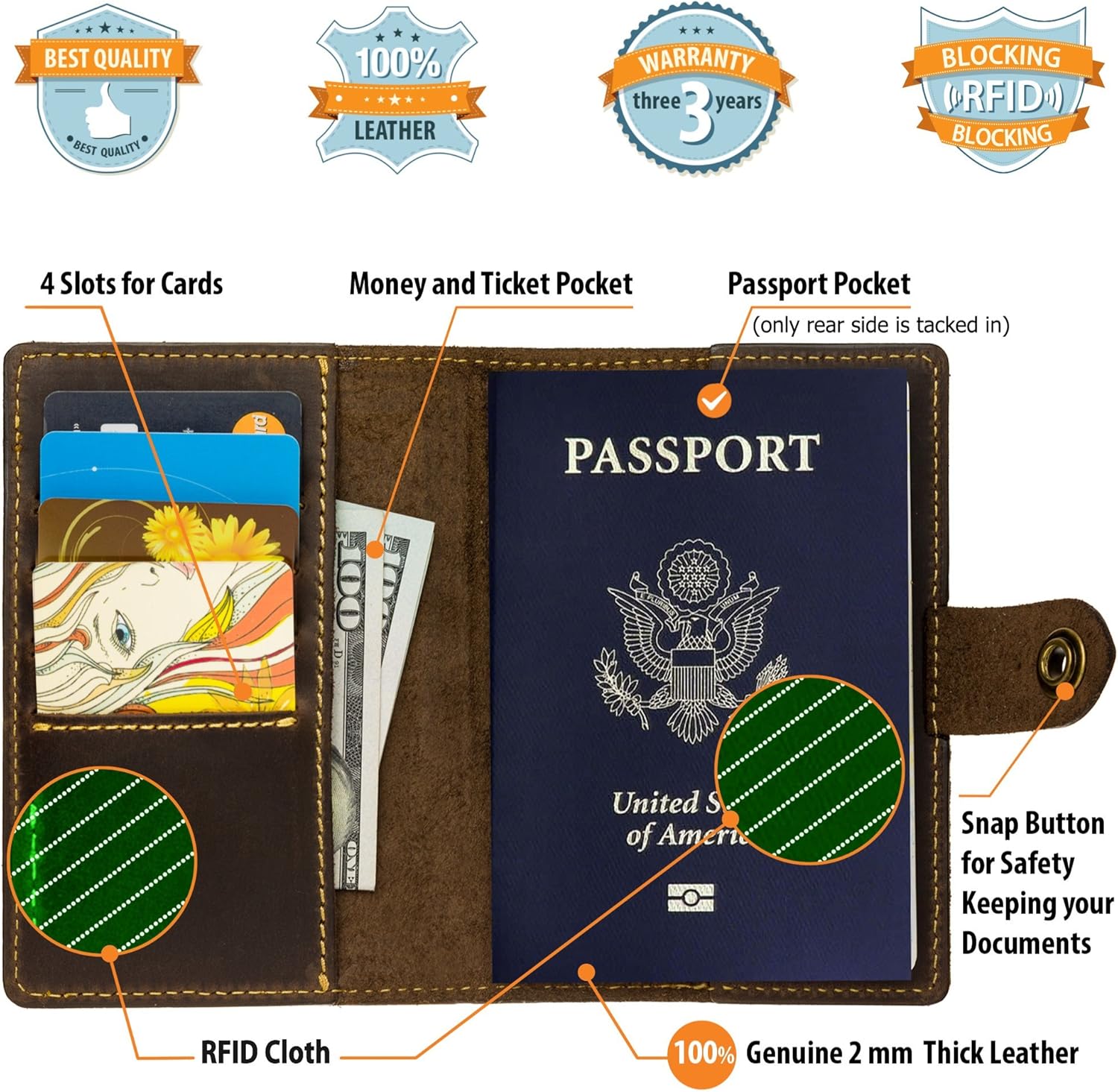  | Villini - Leather US Passport Holder Cover RFID Blocking ID Card Wallet - Travel Case (Brown Vintage) | Passport Wallets