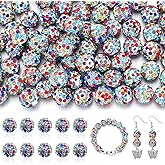 100Pcs Rhinestone Beads 10mm for Jewelry Making, Shiny Round Shamballa Disco Beads Bling Sparkle Rhinestone Clay Beads for Necklace Bracelet Earring Making and DIY Decoration(White Colorful)