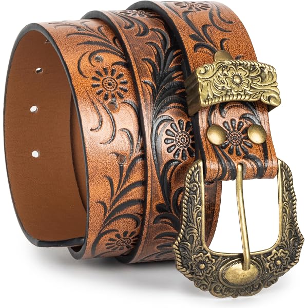 Vintage Floral Carved PU Leather Western Belt for Women Cowgirl Cowboy Rhinestone-Studded-Buckle Western-Belt for  main image 4