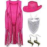 Xtinmee 4 Pcs Western Cowgirl Cowboy Outfits Set Women Tassel Vest Hat Dangle Drop Earring Paisley Bandana Dress up