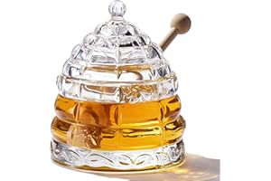[2 Dippers] Crystal Honey Jar and 2 Dippers Set, Handmade Beehive Honey Jar with Wooden Dipper, Honey Pot and Lid for Storage