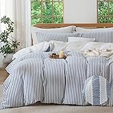 MILDLY Blue Striped Duvet Cover - 100% Washed Cotton Jacquard Boho Textured Comforter Cover 3pcs with Zipper Closure 90"x90"
