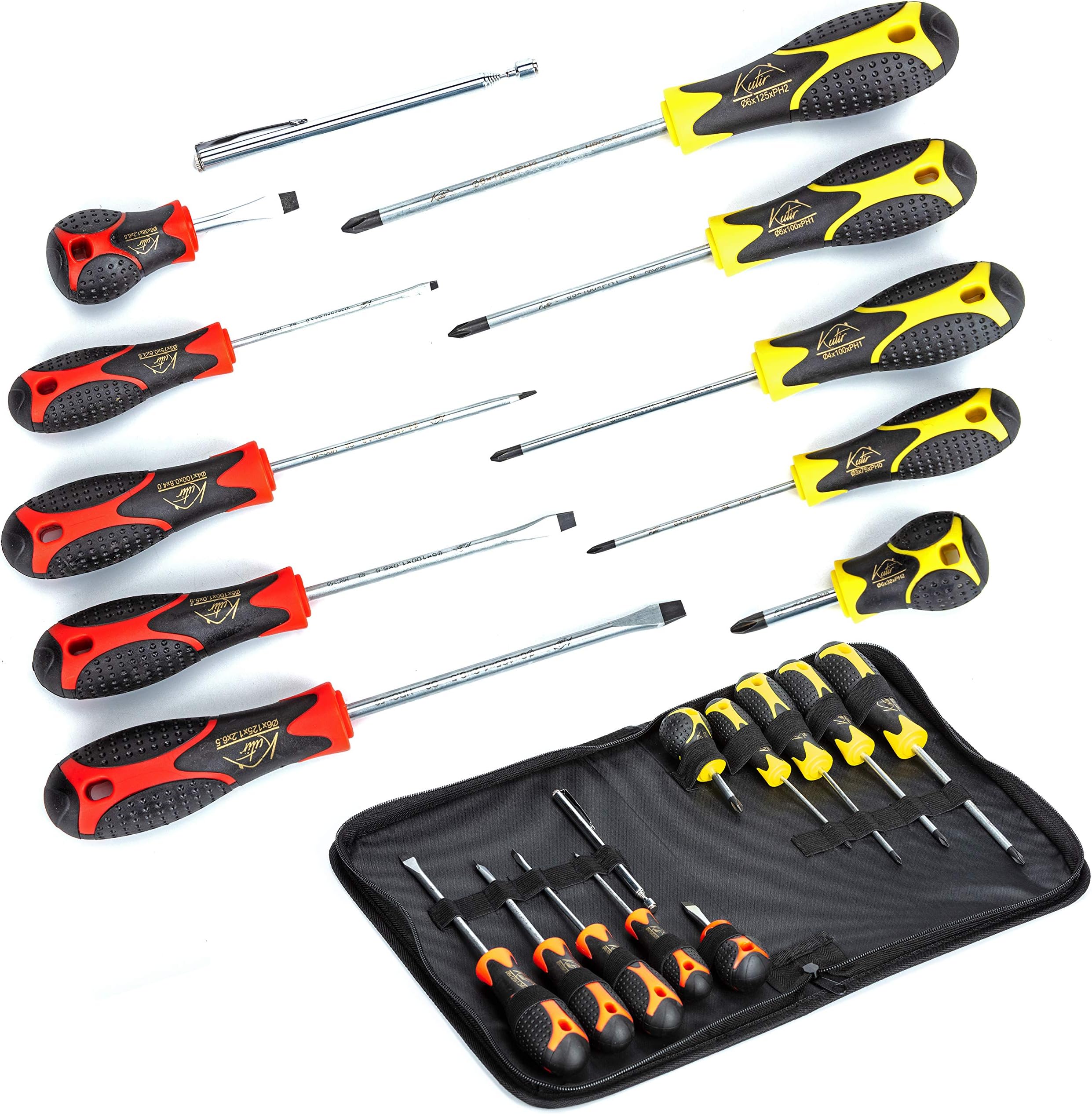 Kutir Screwdriver Set 11 Pieces Phillips and Slotted NON-SLIP WIDE COMFORTABLE HANDLE, Micro-Fine Grip, Heavy Duty, Rust Resistant, Fluted, MAGNETIC TIPS - Craftsman Toolkit For Wet, Oily Hand Work