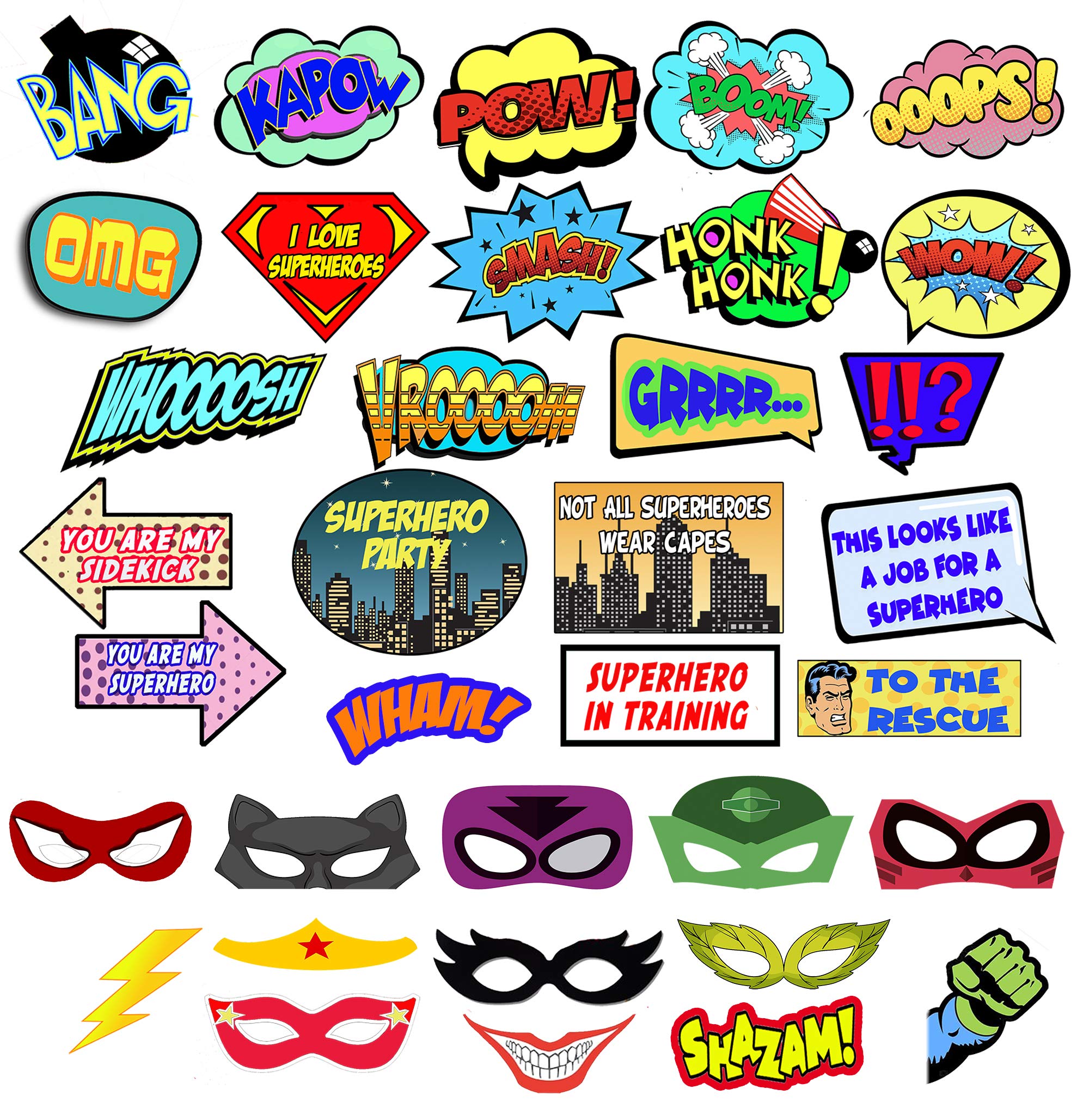 Photo 1 of Superhero Photo Booth Props – Comic Superhero Party Decorations Set – 35 Colorful Superhero Props, Signs and Mask for Birthday Decor, Wedding, Bachelorette Party by Scapa Pro
