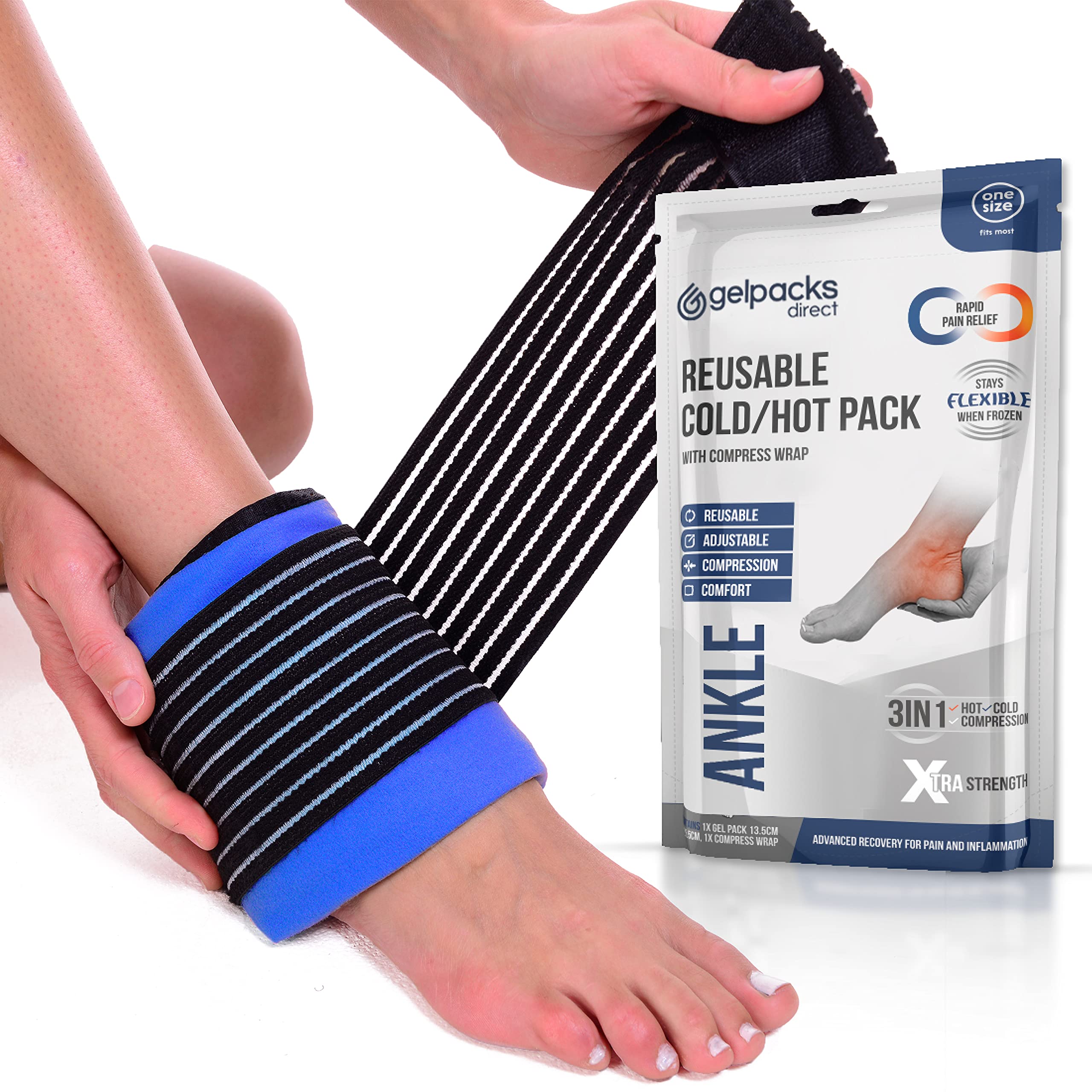Gel Packs Direct - 3-in-1 Multipurpose Reusable Hot & Cold Flexible Ankle Ice Packs for Sports Injuries, Sprains, Fractures, Arthritis, Tendonitis & Pain Relief. Durable & Leak-Proof Ankle Ice Pack.