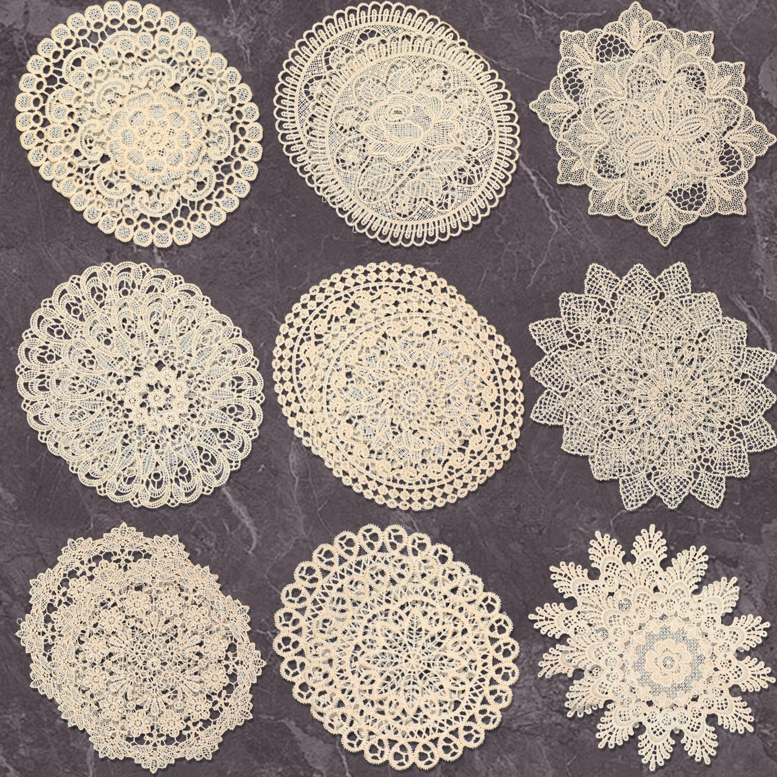 Photo 1 of 18 Pieces 6 Inch Lace Doilies for Tables Crochet Doilies Vintage Cotton Lace Coasters Handmade Round Placemats Rustic Table Decor for Kitchen Dining Room Wedding Cup Vase Decoration(Beige)