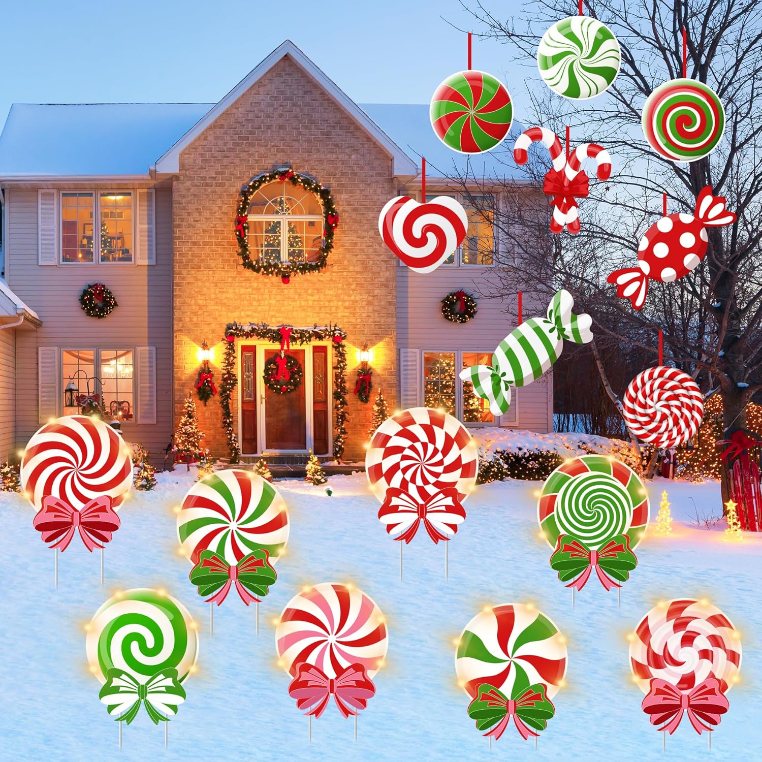 Yard Signs - 16 PCS Christmas Candy Decorations Outdoor Yard Stakes with LED Lights, Merry Christmas Peppermint Candy Yard Signs Decorative Hanging Ornaments for Xmas Outdoor Home Lawn Garden Decor
