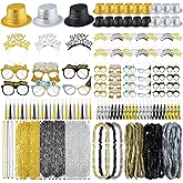 Silipull 192 Pcs New Years Eve Party Supplies 2026 for 48 Guest - Top Hats Tiaras Headbands Glasses Bead Necklace Blowouts Horns Leis Necklace for Happy New Years Party Supplies Decorations 2026
