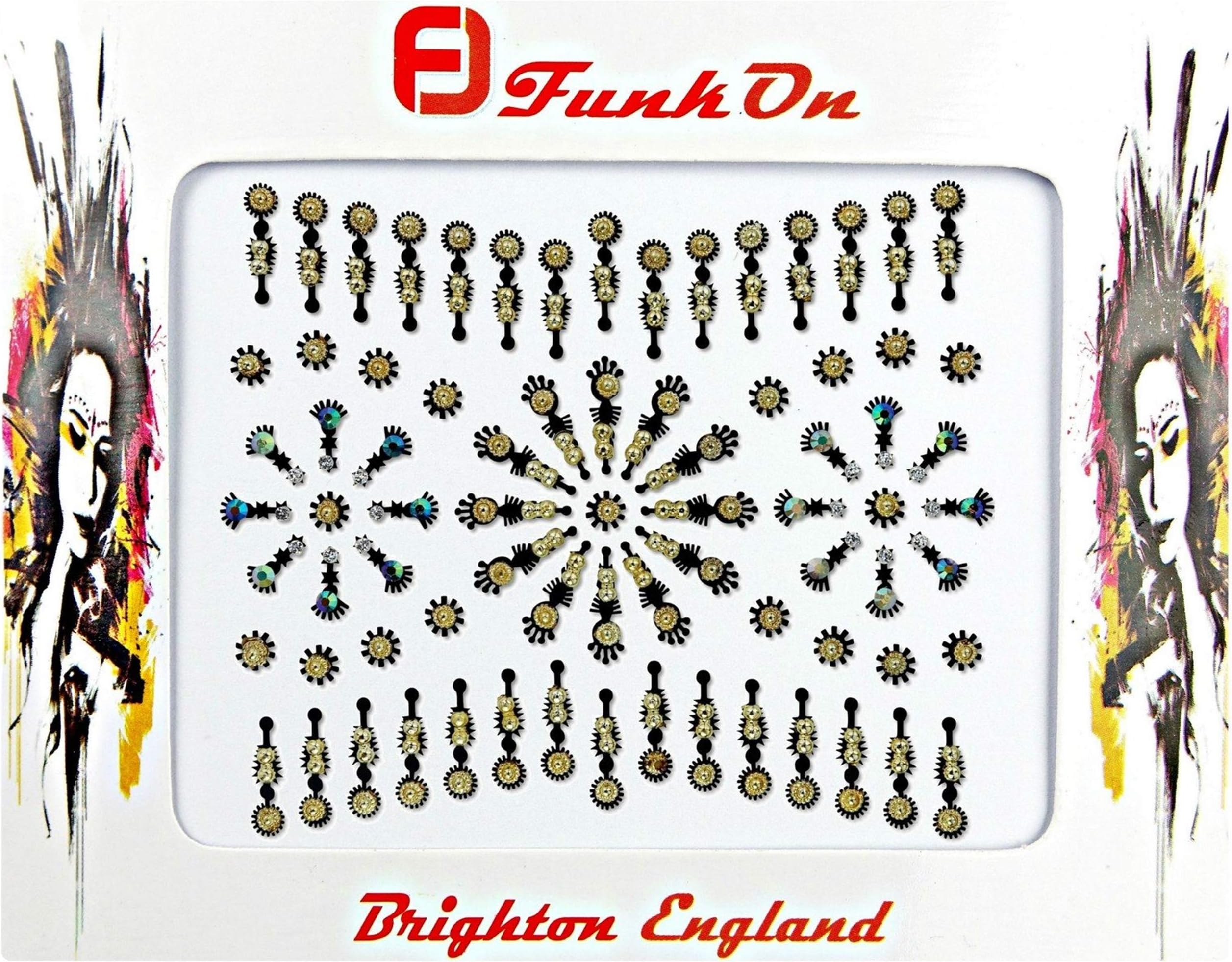 FunkOn Festival Bindi stickers Stick on Face Gems for Festivals Tribal Tikka Makeup Indian Crystal Bindis Large Pack of Glitter Diamante Bollywood Costume Forehead Jewels