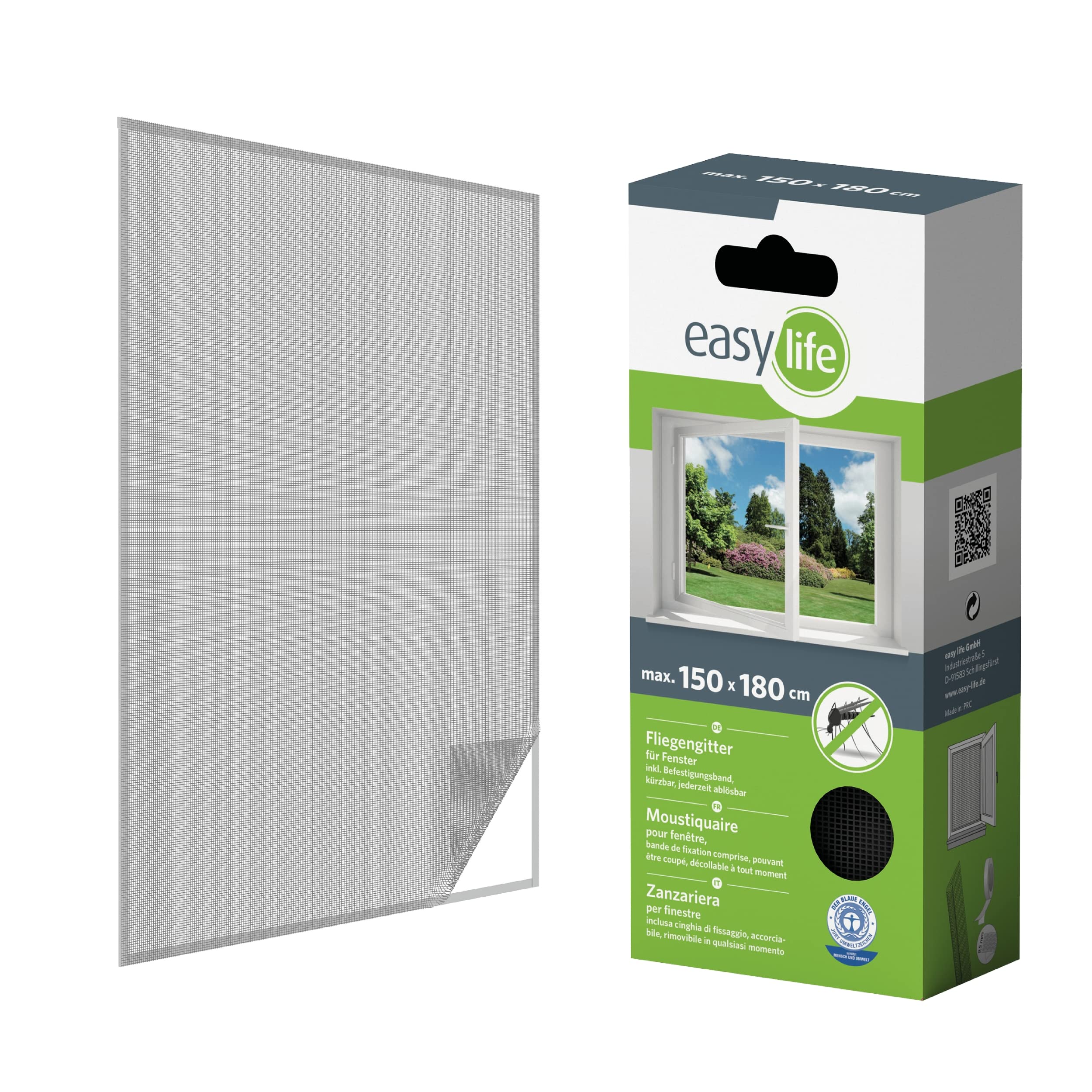 Mosquito net without drilling Velcro for standard windows 150 x 180 cm, insect protection net, pollen cut, polyester mesh, anthracite colour, ideal for summer protection