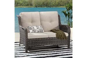 Gardenbee Patio Sofa Wicker 2-Seat Outdoor Couch with Deep Seating, High Back, Steel Frame and Olefin Cushion，Beige