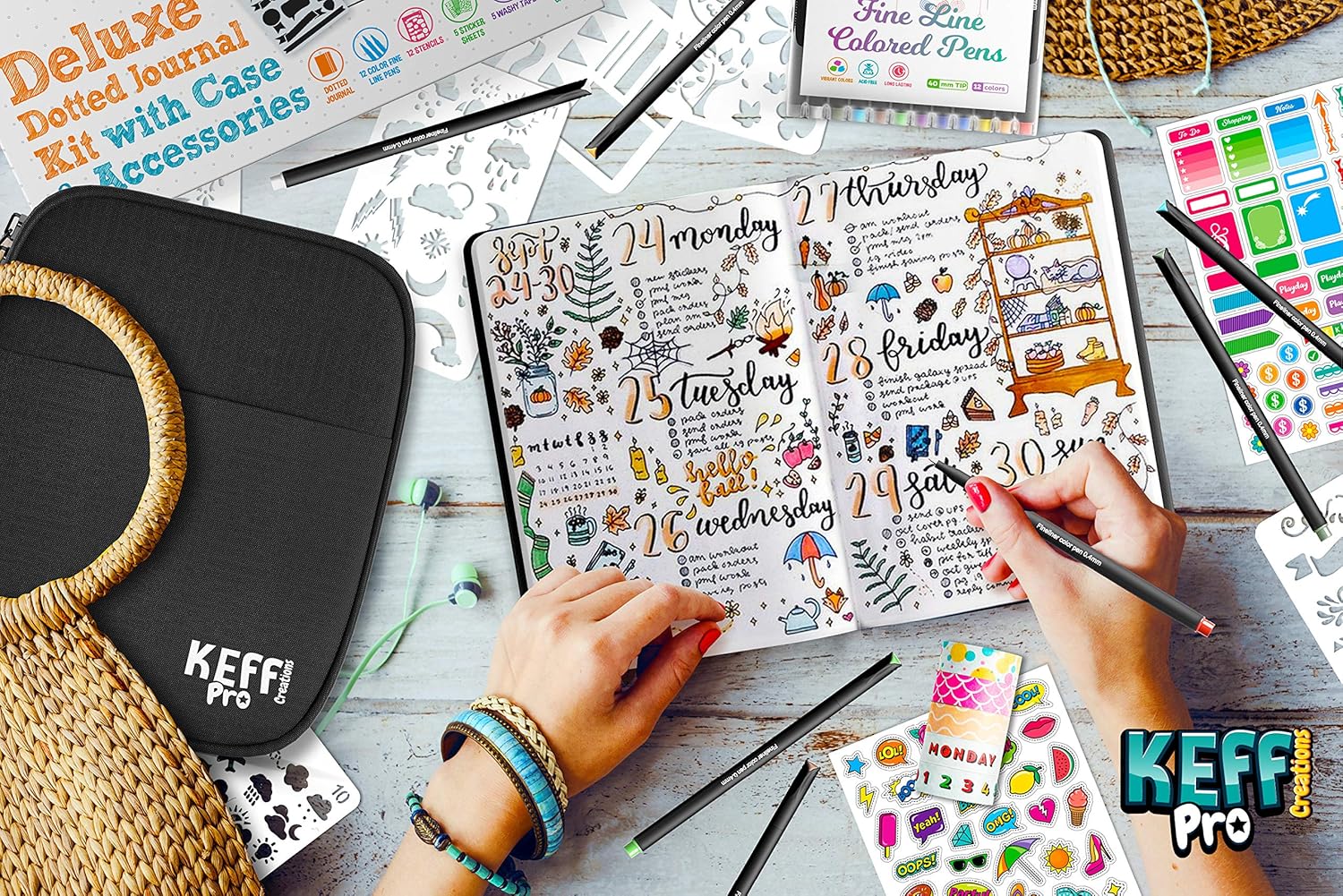 Keff Creation Dotted Journal Kit, Journaling Kit with All Dotted Journal Supplies-Journal case no-Bleed Dotted Notebook, Fineline Colored pens, Stencils, Stickers, washi Tape for Diary Schedule Plan : Office Products