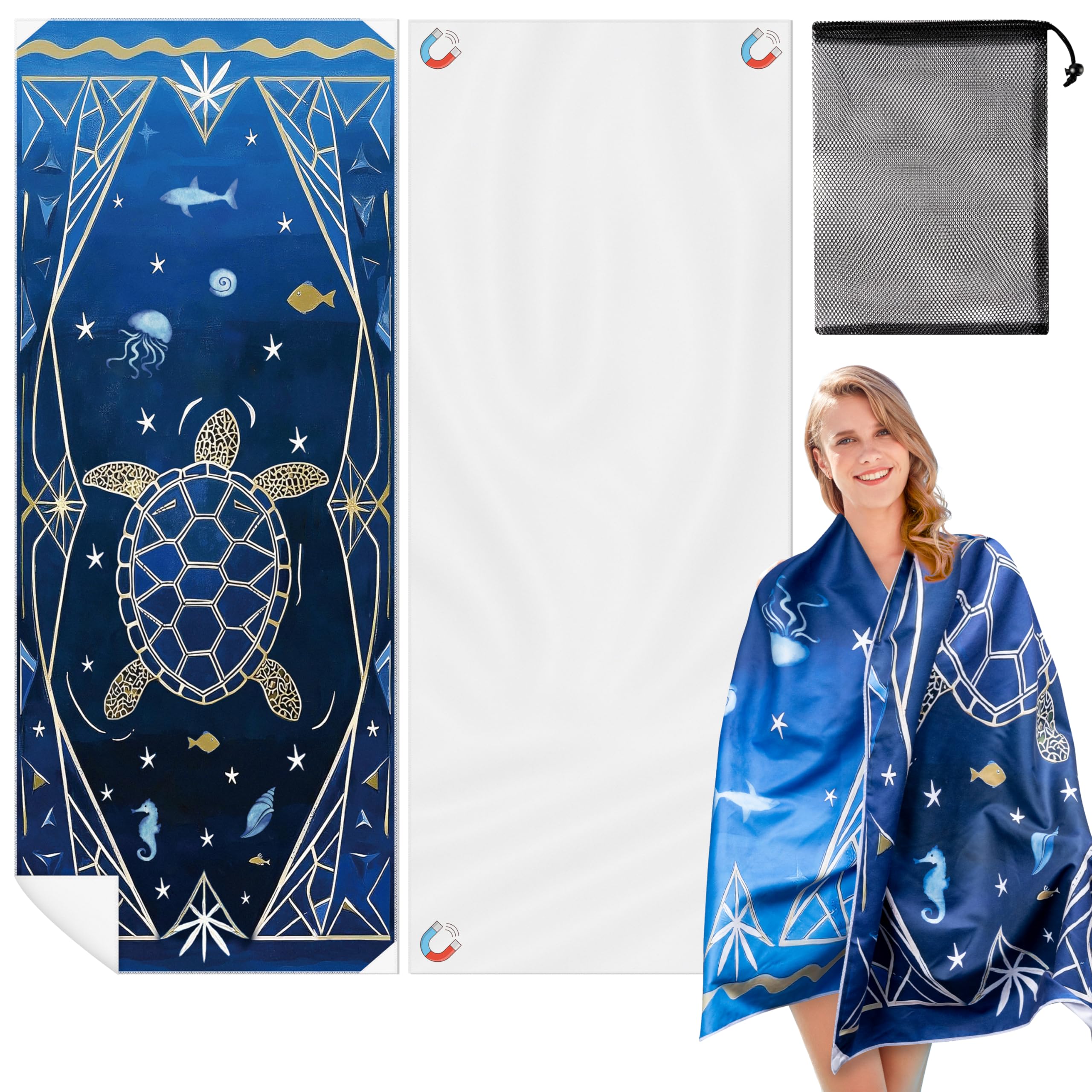 Photo 1 of ARefugen Turtle Magnetic Beach Towel - 74.8"x30" Sand Free Quick Dry Microfiber Towel with Built-in Magnets Lightweight for Beach Chair Car Door Pool Travel Camping Yoga with Storage Bag