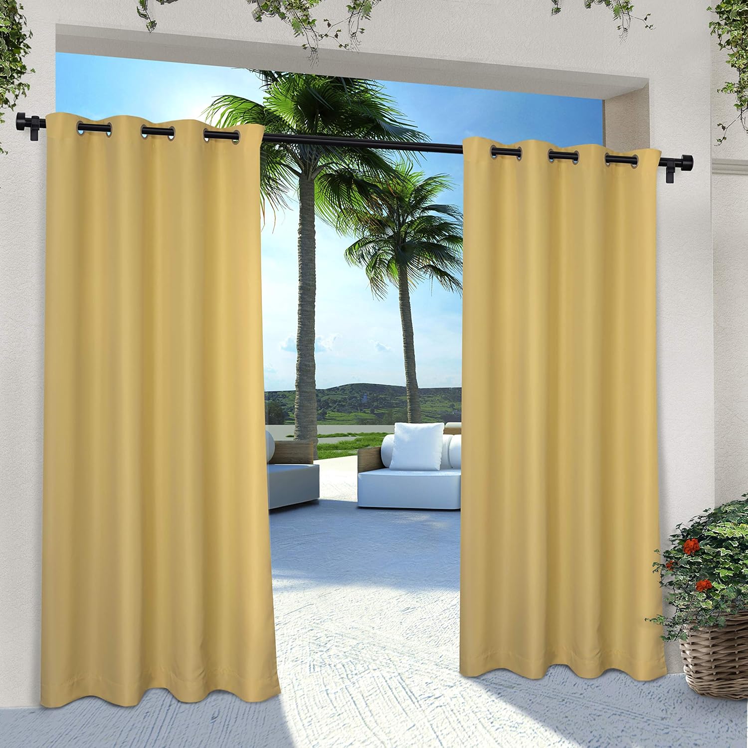 Exclusive Home Curtains Indoor/Outdoor Solid Cabana Grommet Top Curtain Panel Pair, 54x108, Sundress Yellow, 2 Piece