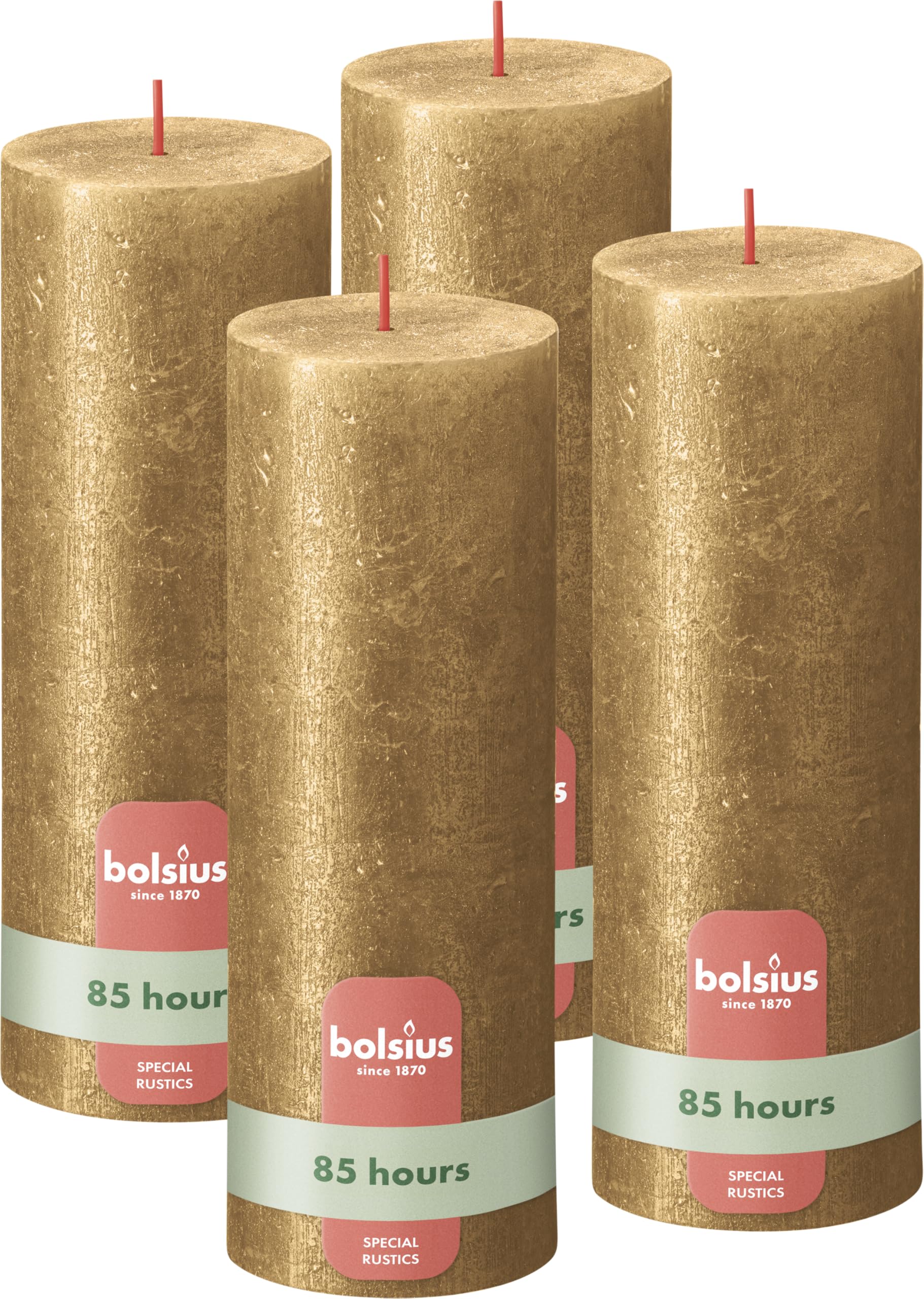 Bolsius Rustic Pillar Candle - Shimmer Gold - Pack of 4 - Long Burning Time of 85 Hours - Interior Decoration - Unscented - Includes Natural Vegan Wax - No Palm Oil - 19 x 7 cm