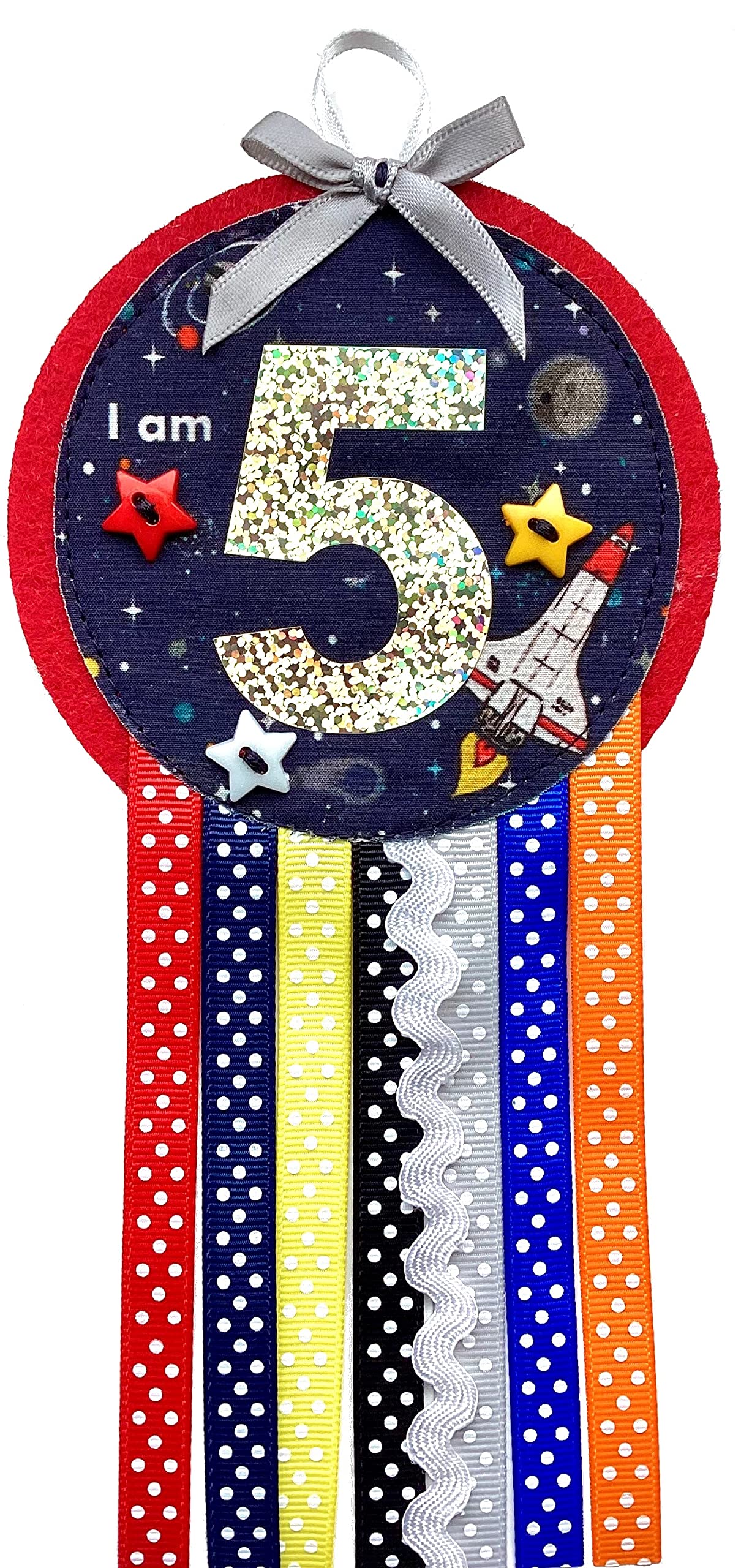 Ditsy Rosettes Space Shuttle Rockets Birthday Rosette Badge - Age 3, 4, 5, 6, 7, 8, 9 - Perfect Party Gift card – Birthday Boy, Birthday Girl (Age 5)