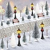 Hotop 28 Pcs Mini Artificial Christmas Village Tree Set Snow Christmas Pine Bare Branch Trees Xmas Street Lamp Post Miniature Park Bench Seat Cobblestone Street for Decoration(Delicate)