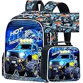 CCJPX 16" Truck Backpack for Boys, 3Pcs Cars Kids Water Resistant Preschool Bookbags,Cool Kindergarten School Backpacks with Lunch Box(Black)