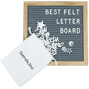 ShameOnJane Grey Changeable 10 x10 Felt Letter Board - Oak Wood Frame - Comes with Pre Cut Letters and Symbols for a Great Message Board, Letter Sign for Announcements, Menus and Home Decoration