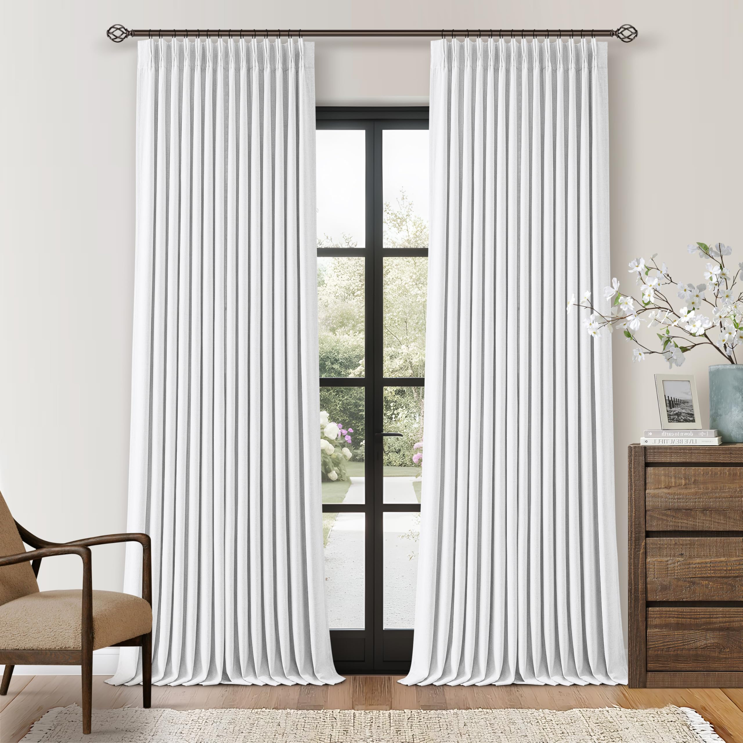 Photo 1 of White Linen Blackout Pleated Curtains 90 Inches Long for Living Room Darkening Pinch Pleat 100% Black Out Drapes Thermal Insulated Soundproof Pure White 90 Inch Curtain Panel for Dining Bedroom
