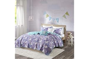 Urban Habitat Kids Reversible Cotton Quilt Set - Vibrant Fun, Playful Print, All Season Children Bedding Coverlet Bedspread, Decorative Pillow, Bedroom Décor, Full/Queen, Unicorn Purple 5 Piece