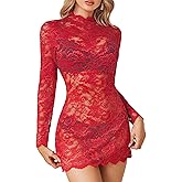 Avidlove Womens Sheer Lace Dress Sexy Long Sleeve Dress See Through Lingerie Short Mini Dresses for Party (No Linling)