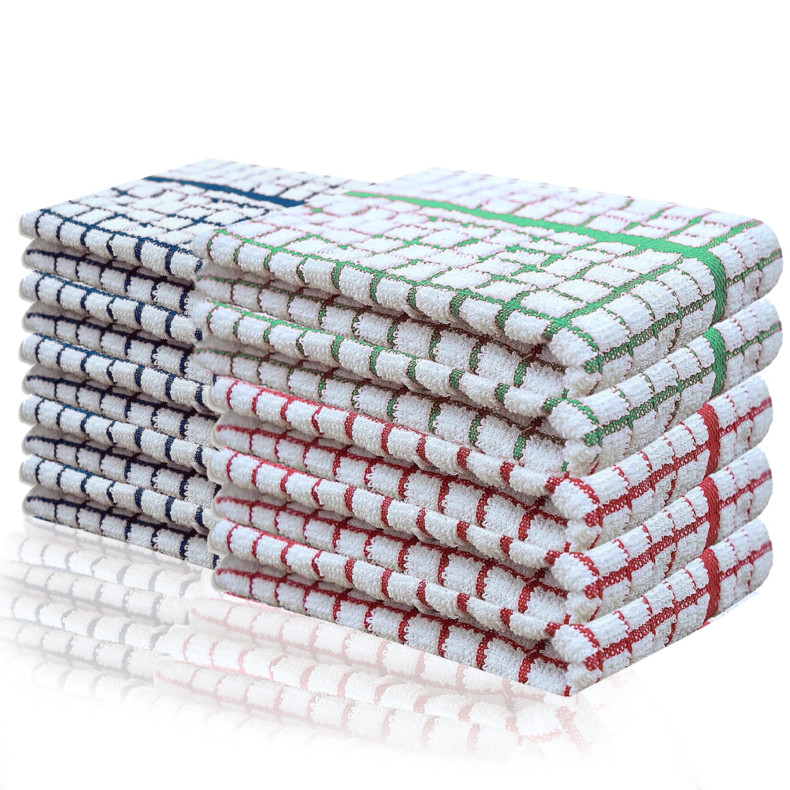 Modesh Tea Towels 100% Cotton Kitchen Tea towels with Highly Absorbent Quality - Lint Free Quick Dry Long Lasting Catering Bar Towels - Assorted Colors (Pack of 10 || Red + Blue + Green)