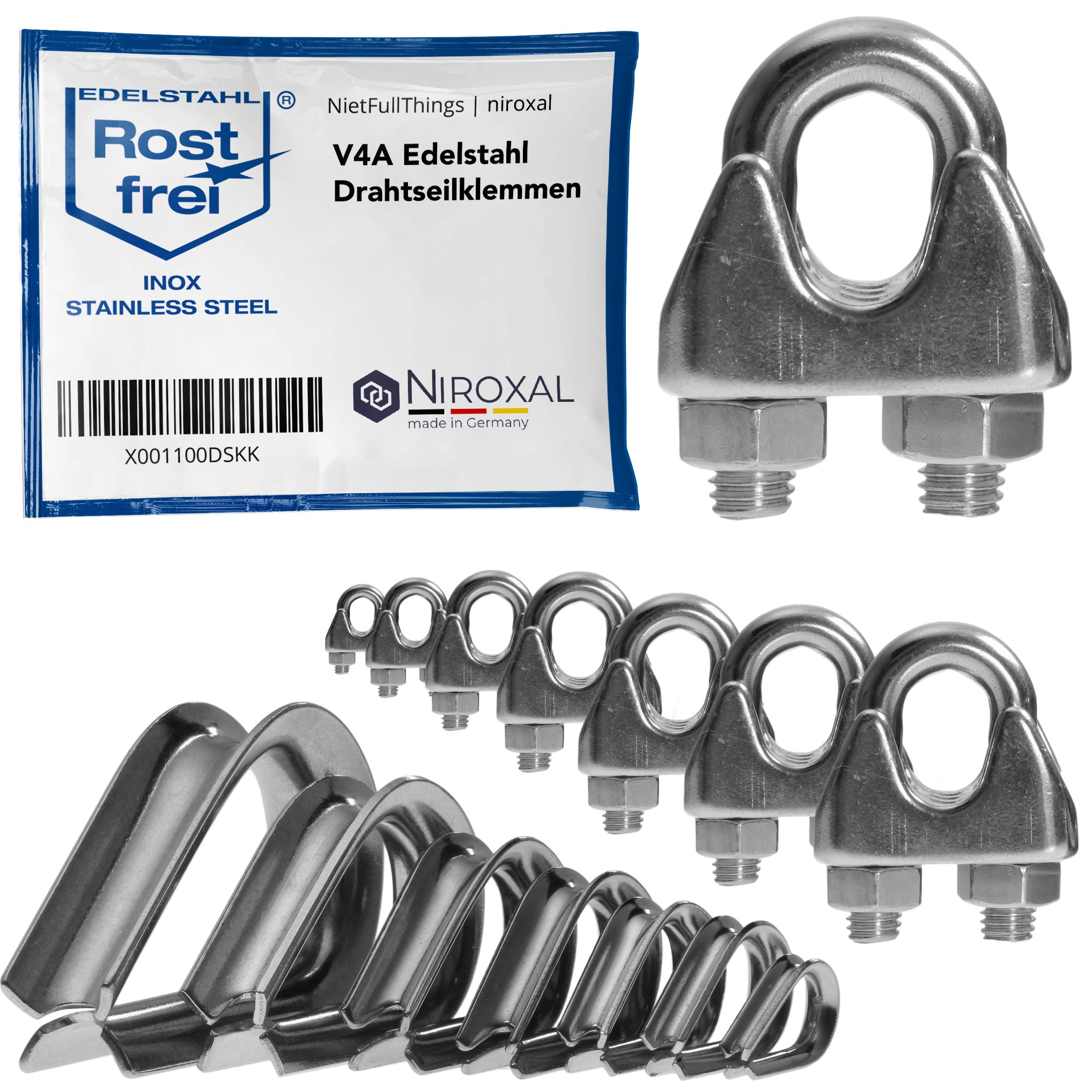 5 mm Pack of 4 Stainless Steel Wire Rope Clamp with Thimble Made of V4A Stainless Steel - Better Than Galvanised DIN 741 Clamps