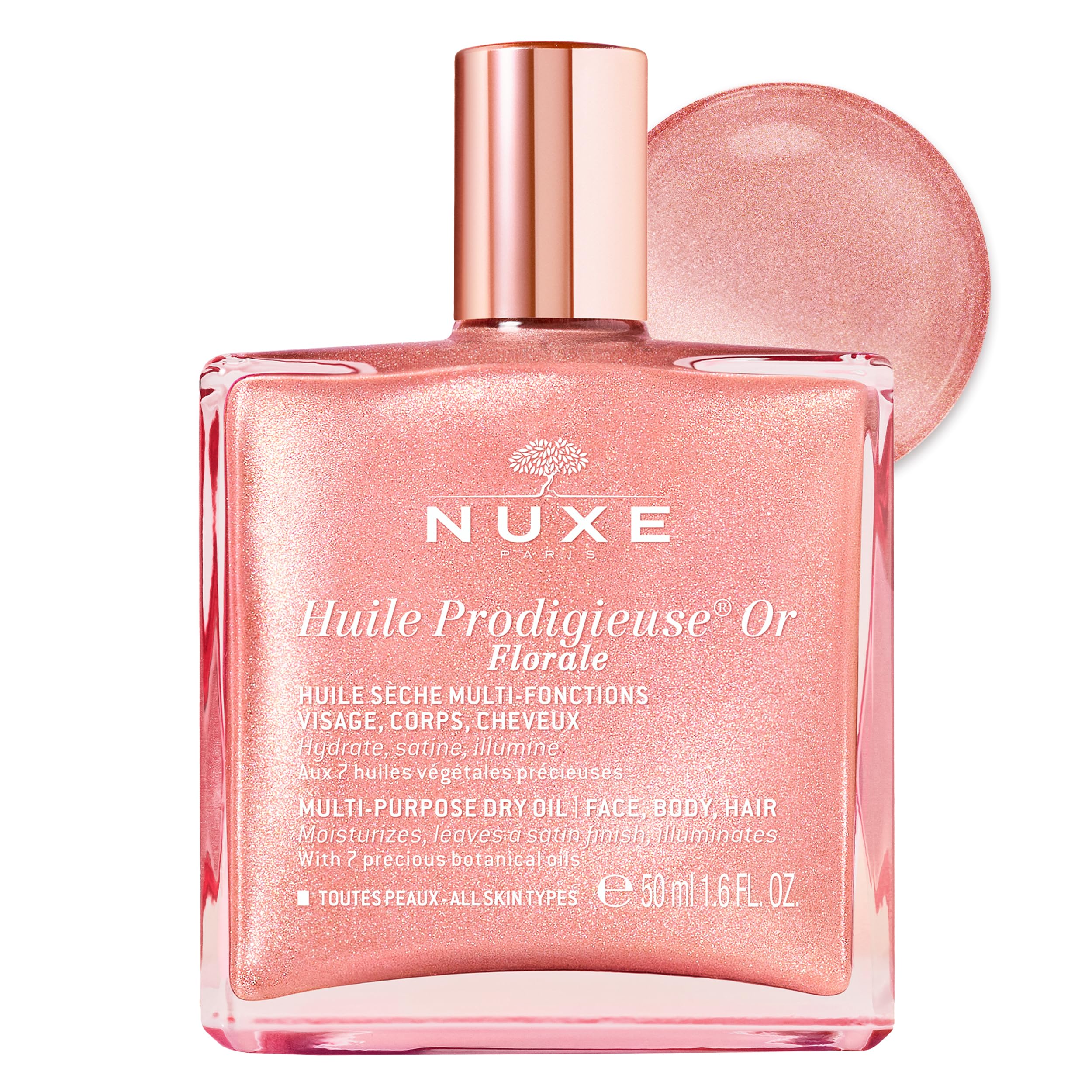 Nuxe Huile Prodigieuse Or Florale 50ml, Illuminating Dry Oil, Moisturises Face, Body & Hair, With Iridescent Rose Gold Glow & Satin Finish, Multi-Purpose Vegan Formula