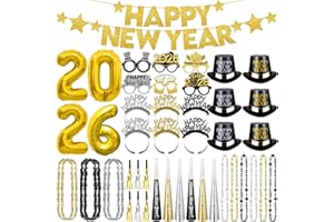 DMIGHT New Years Eve Party Supplies 2026, New Years Decorations, Party Favors Including Ballons, Banner, Top Hats, Headband Tiaras, Horns, Squawkers, Glasses, Leis Necklaces