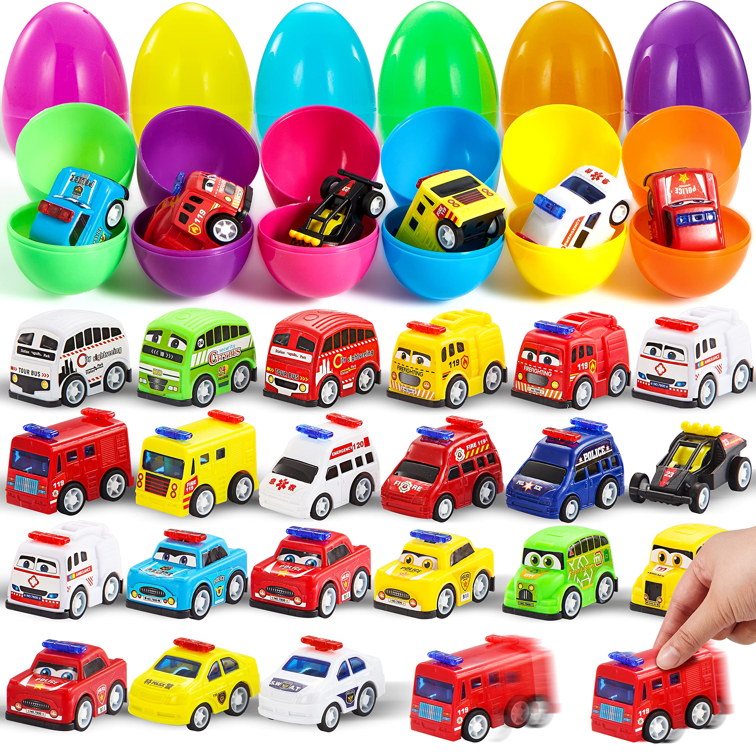 JOYIN 24 Pcs Filled Easter Eggs with Pull Back Mini Cars, Prefilled Easter Egg Fillers, City Vehicle for Kid Boys, Basket Stuffers, Party Favor, Classroom Prize Gift Supplies