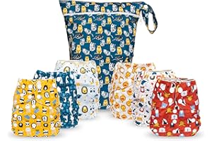 Simple Being Reusable Cloth Diapers, Double Gusset, One Size Adjustable, Washable Soft Absorbent, Waterproof Cover, Eco-Friendly Unisex Baby Girl Boy, six 4-Layers Microfiber Inserts (Boy Animals)