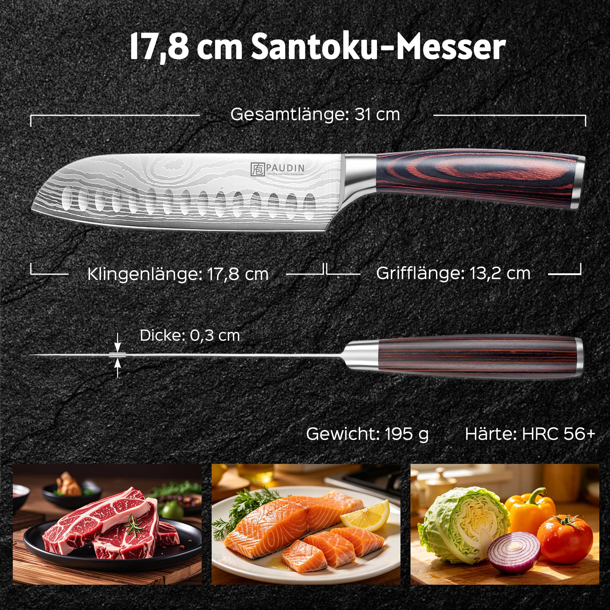 PAUDIN Santokumesser, Klingenlänge17 cm Kochmesser aus deutschem Messerstahl, Sushi Messer Küchenmesser mit ergonomischem Griff für Haus und Restaurant 4