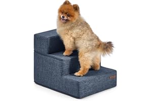 LE SURE Lesure Dog Stairs for Small Dogs and Cats Foldable Pet Steps for High Beds and Couch with CertiPUR-US Certified Foam and Non-Slip Bottom, Navy Blue Linen-Like Fabric, 3 Steps