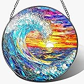 Stained Glass Window Hanging, Pauyadu 8 Inch Sea Waves Stained Glass Suncatcher, Sunset on The Beach Window Decor, Gift for Beach Lovers, Natural Gifts, Christmas, Mother's Day, Housewarming Gifts