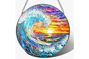 Stained Glass Window Hanging, Pauyadu 8 Inch Sea Waves Stained Glass Suncatcher, Sunset on The Beach Window Decor, Gift for Beach Lovers, Natural Gifts, Christmas, Mother's Day, Housewarming Gifts