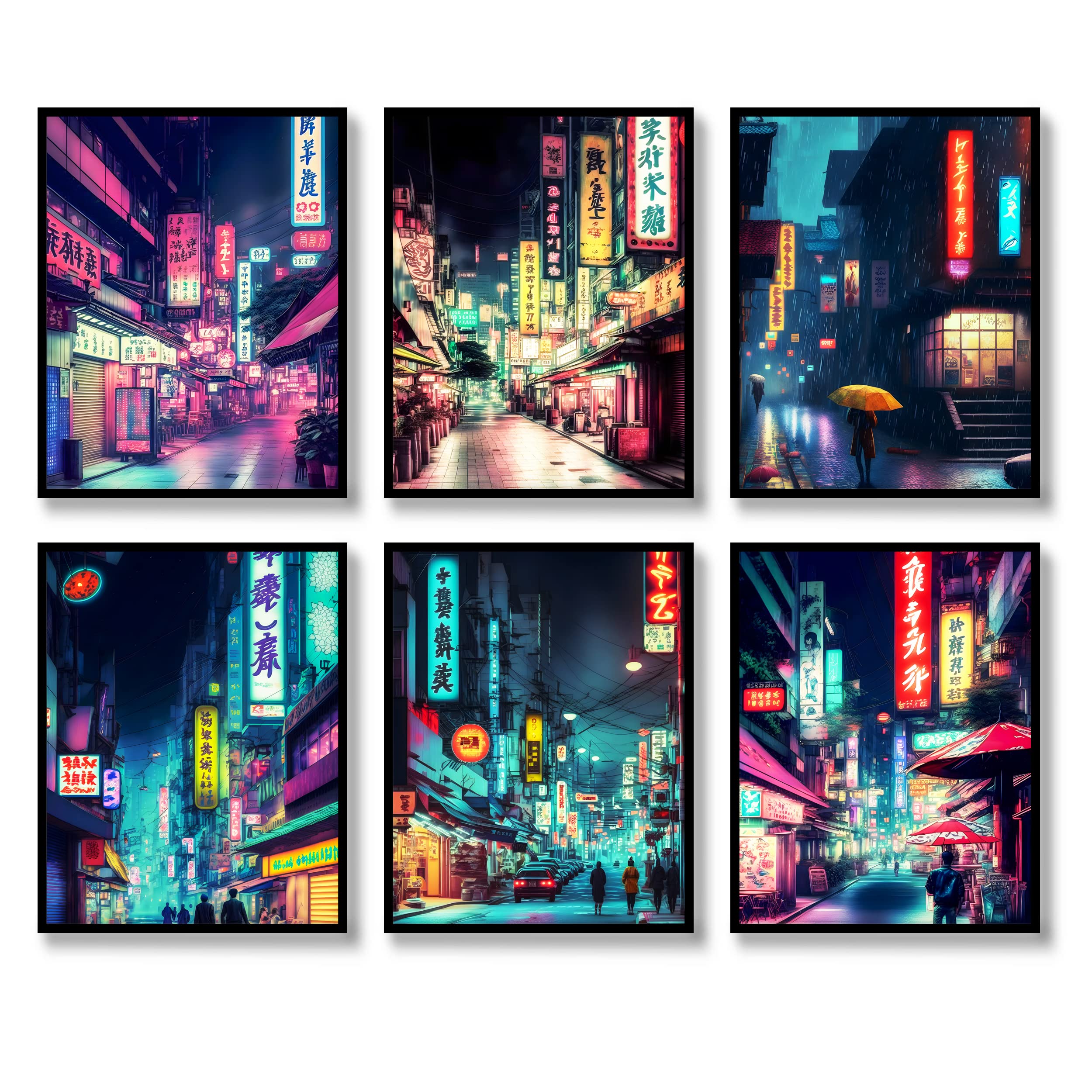 QQQDADA Japanese Wall Art Prints Set of 6 Japan Neon Posters Abstract Illustration Wall Decor Tokyo Night Streets Picture Canvas Art Painting for Living Room Bedroom Wall Art (8"x10" UNFRAMED)