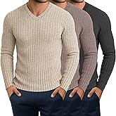 JoyMotion 3 Pack Men's Ribbed V Neck Long Sleeve Shirts, Slim Fit Thermal Sweaters Tops Muscle Athletic Casual Gym Basic Tees