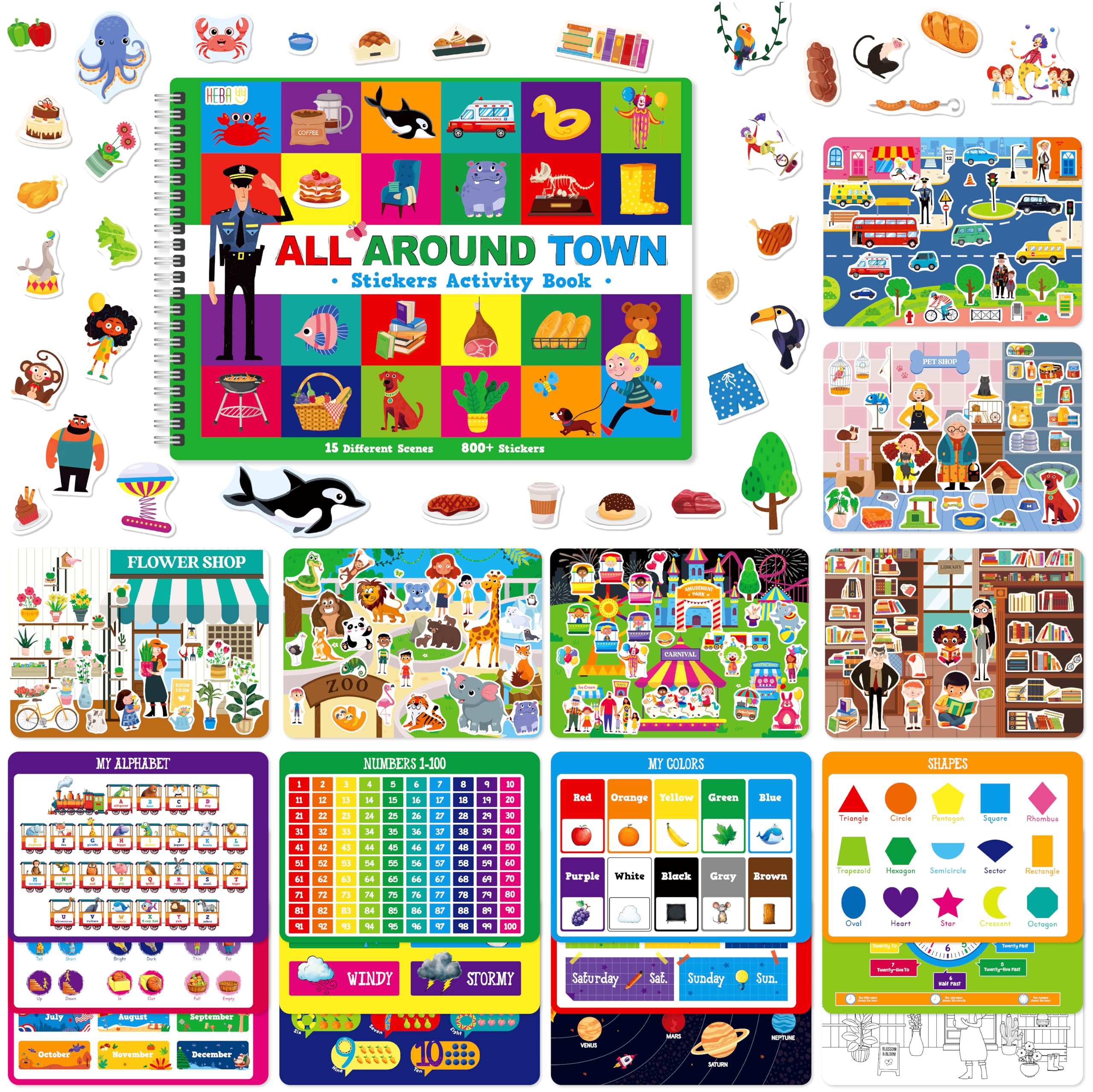 800+ Stickers & 15 Town Scenes Sticker Book, Funny Side by Side All Around Town Sticker Book Educational Activity Games- Great for Toddlers, Kids, Boys & Girls