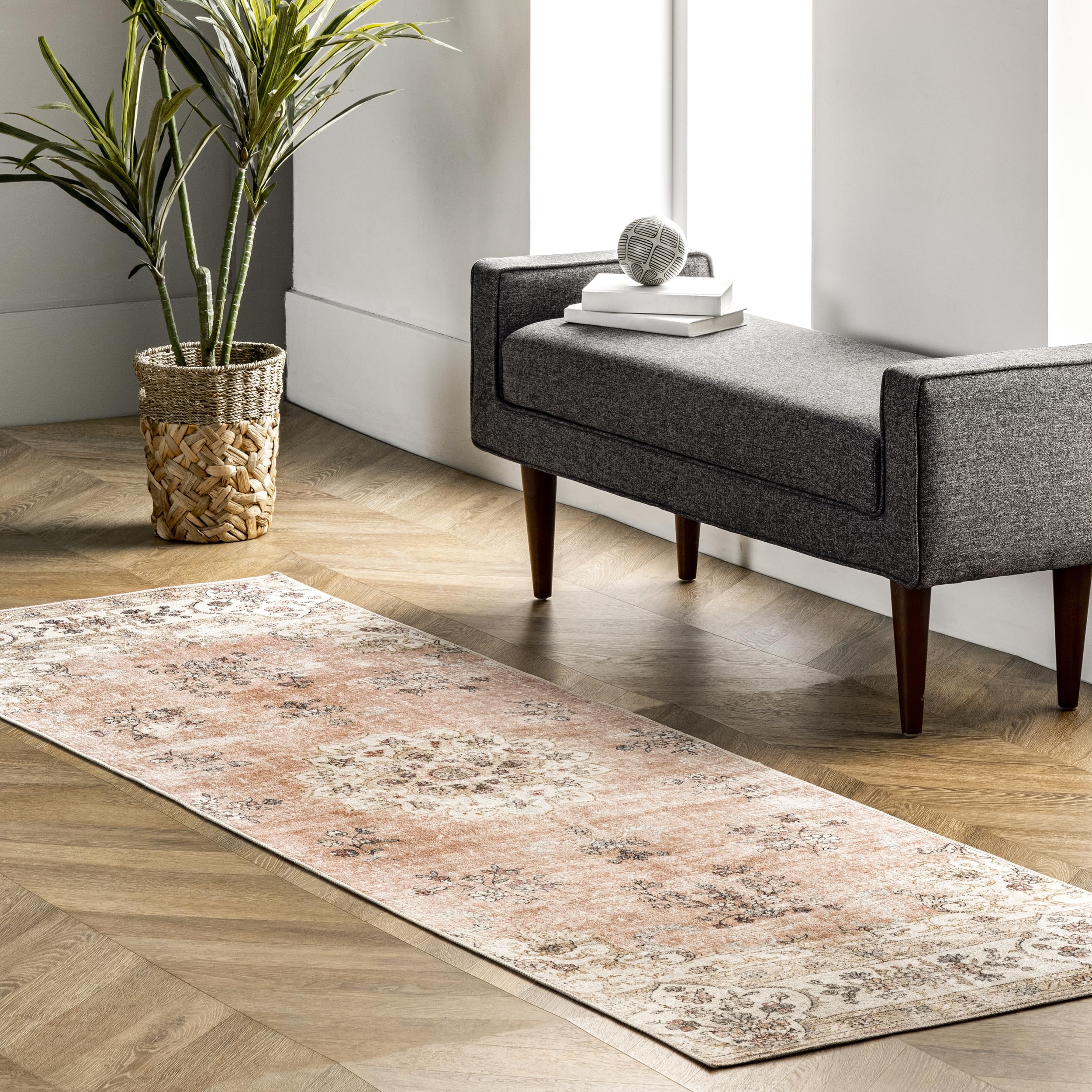 nuLOOM Ren Vintage Floral Machine Washable Ultra Thin Runner Rug, 2' 6" x 12', Peach