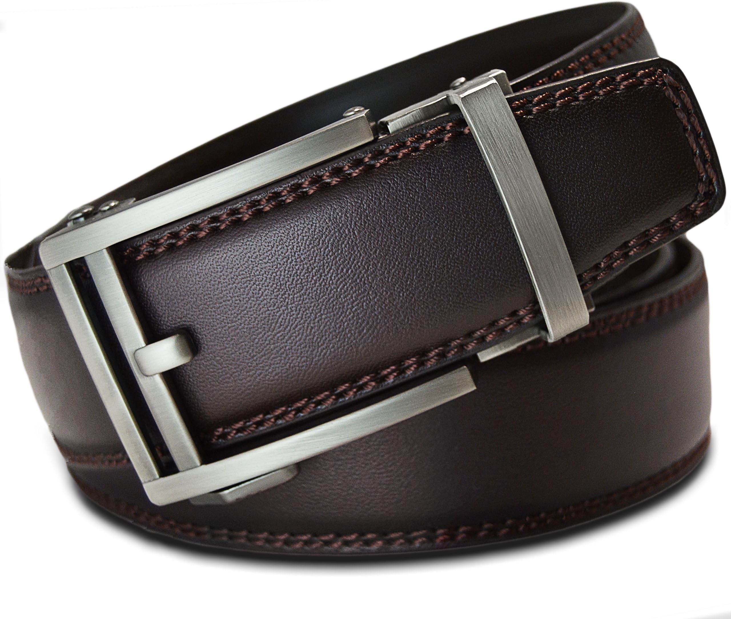 Men's Leather Ratchet Click Belt - Hemingway Matte Silver Buckle with Double Stitched Brown Leather Belt (Trim to Fit: Up to 45'' Waist)
