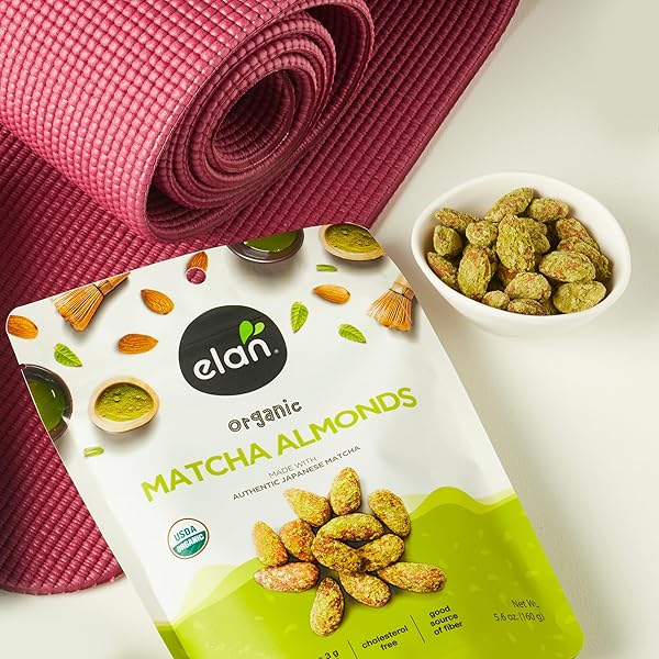 ELAN ORGANIC MATCHA ALMONDS, 5.6 OZ, NON-GMO, GLUTEN-FREE, VEGAN, KOSHER, SUPERFOOD INFUSED NUTS (ROASTED ALMONDS, COCONUT, MATCHA GREEN TEA POWDER), SOURCE OF ANTIOXIDANTS (VITAMIN A)