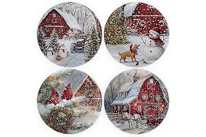 Jrusmr 4-Pack 10-Inch Christmas Melamine Dinner Plates Set, Round Holiday Plates with Winter Farm Watercolor Scenes Featuring